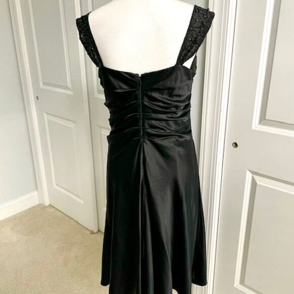 Kay Unger Black Silk Sequined Draped Rouched Stretchy Dress Size 14 - Picture 3 of 5